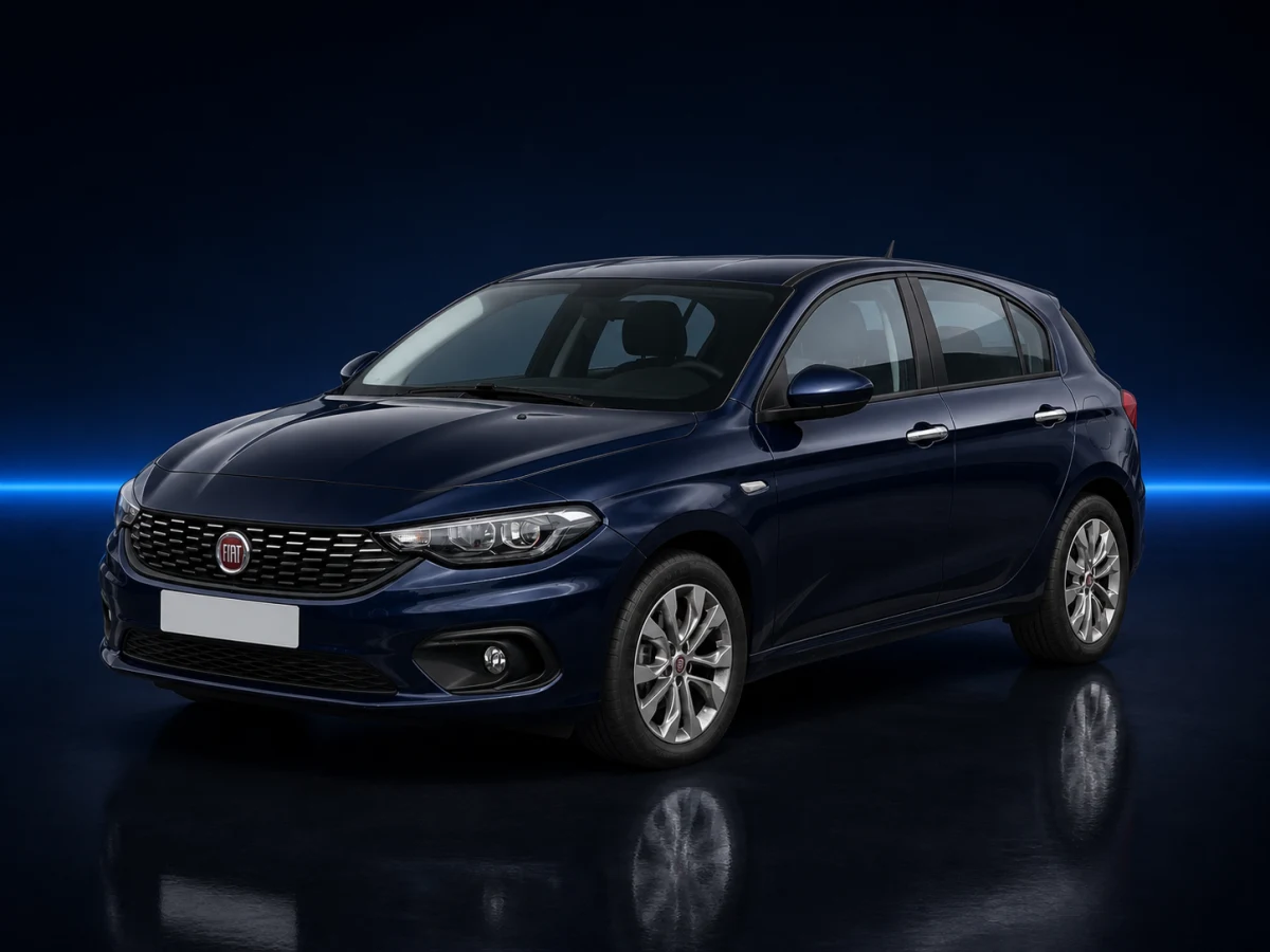 Dark blue Fiat Tipo Type 356 hatchback on a deep navy and cobalt studio background.