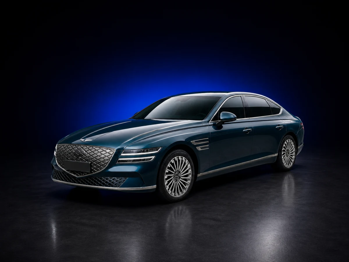 Dark green Genesis Electrified G80 RG3 electric sedan on a deep navy and cobalt studio background.