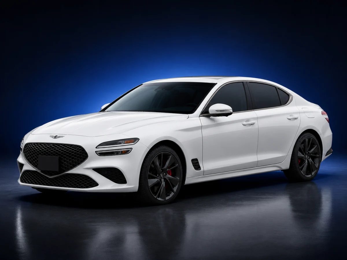 Uyuni White Genesis G70 IK facelift sedan on a deep navy and cobalt studio background.