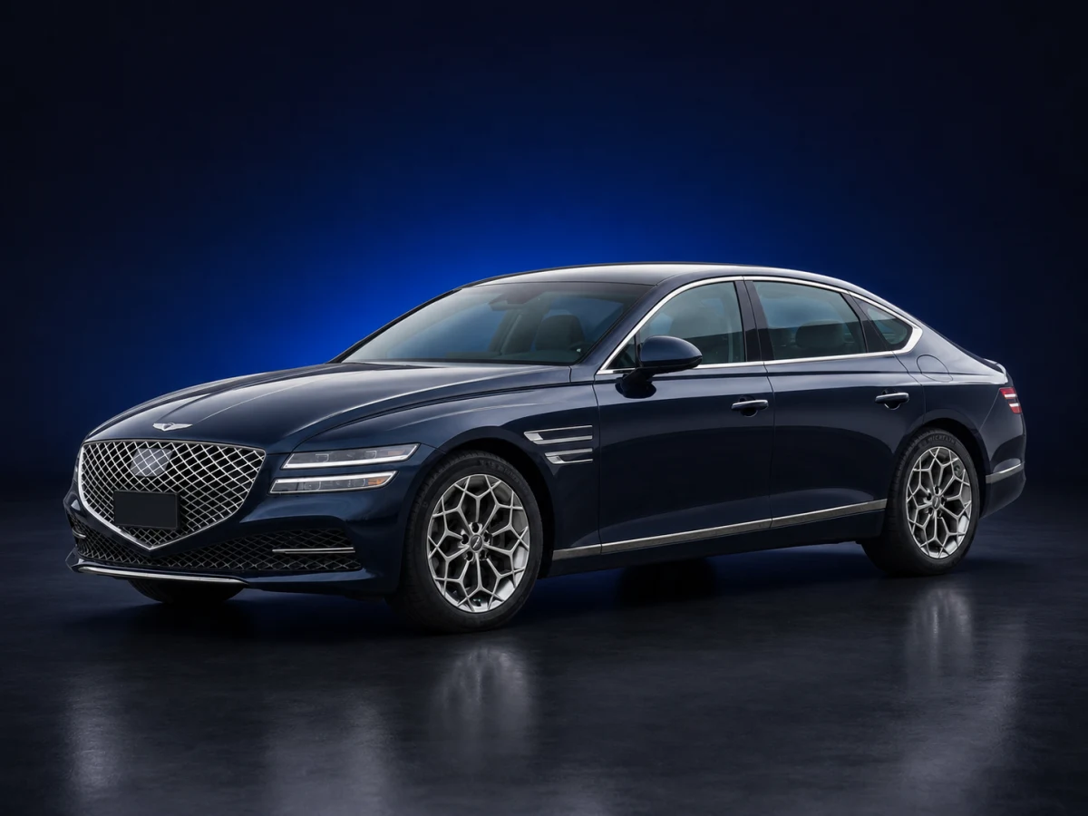 Capri Blue Genesis G80 RG3 combustion sedan on a deep navy and cobalt studio background.