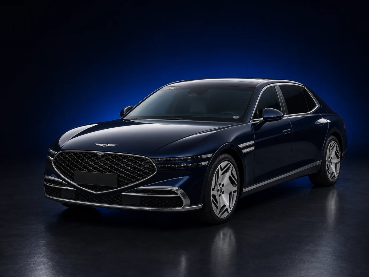 Tasman Blue Genesis G90 RS4 long-wheelbase sedan on a deep navy and cobalt studio background.