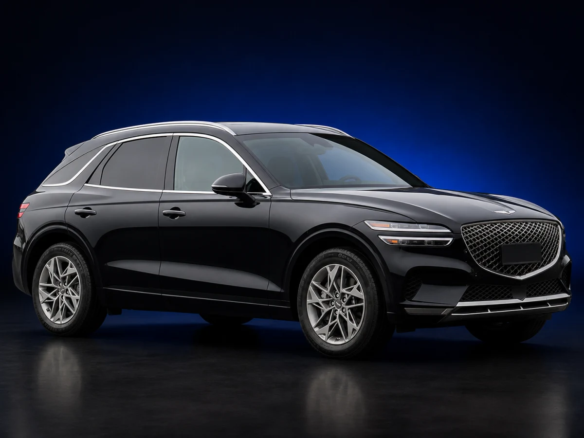 Vik Black Genesis GV70 JK1 combustion SUV on a deep navy and cobalt studio background.