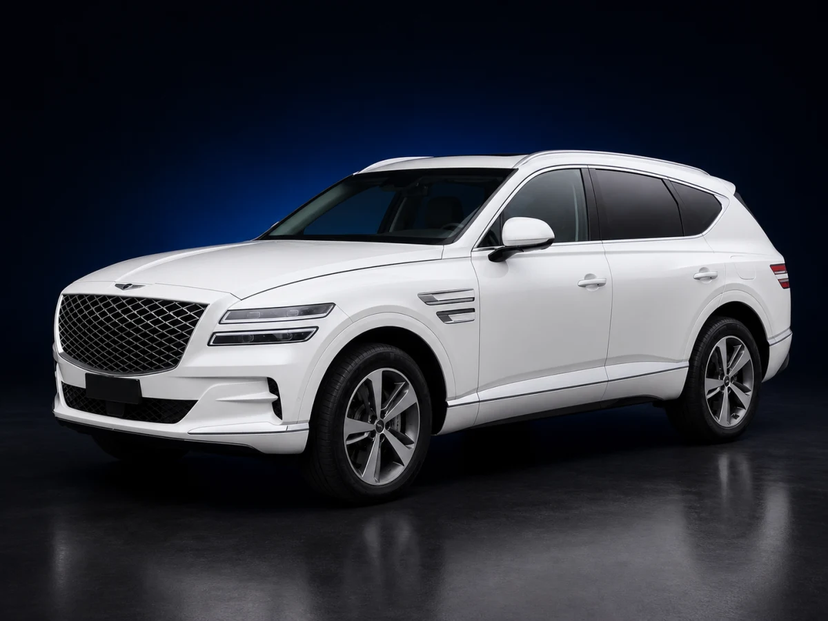 Alta White Genesis GV80 JX1 SUV on a deep navy and cobalt studio background.