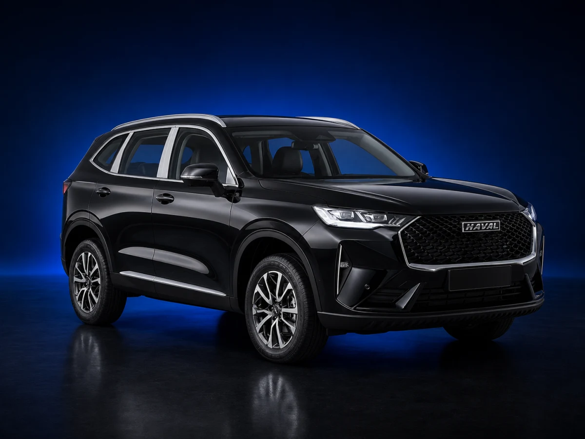 Black third-generation GWM Haval H6 HEV SUV on a deep navy and cobalt studio background.