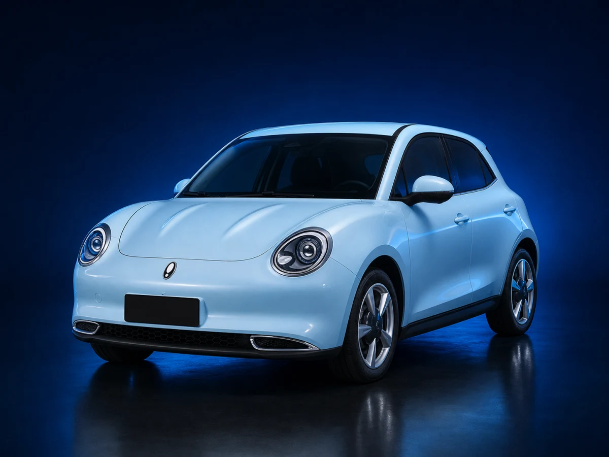Coral-blue first-generation GWM Ora 03 electric hatchback on a deep navy and cobalt studio background.