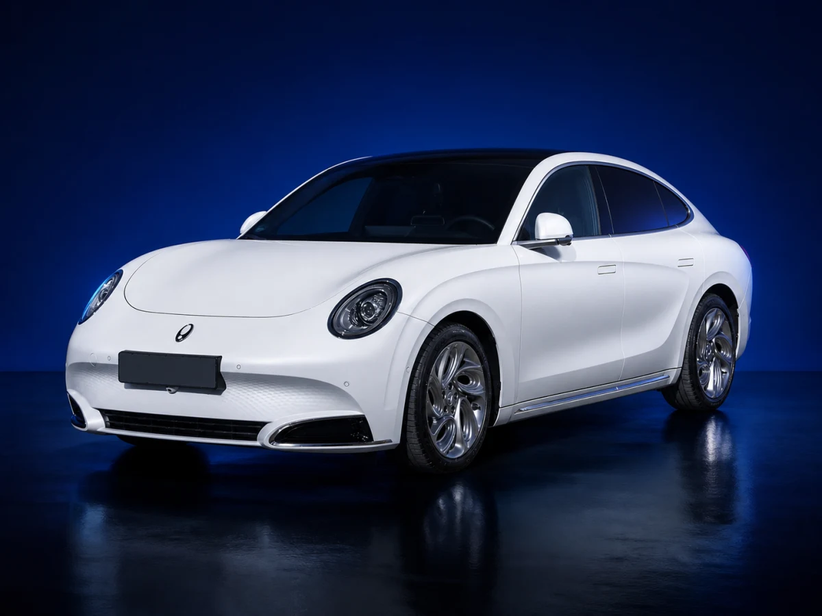 White first-generation GWM Ora 07 electric fastback saloon on a deep navy and cobalt studio background.