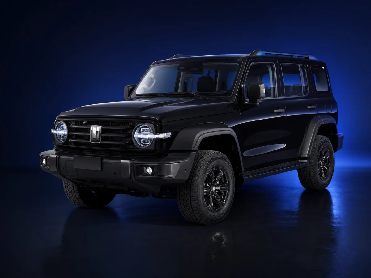 Black first-generation GWM Tank 300 HEV off-road SUV on a deep navy and cobalt studio background.