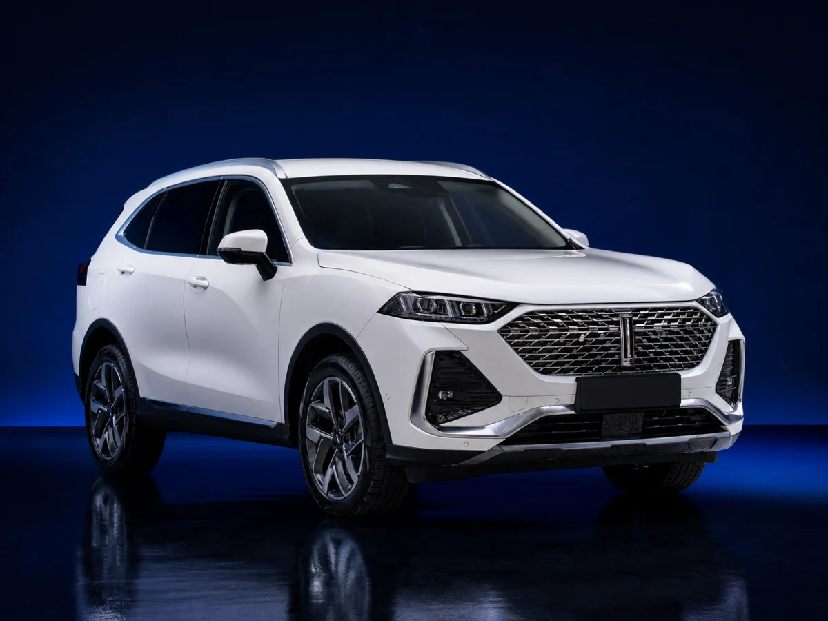 White first-generation GWM Wey 03 compact PHEV SUV on a deep navy and cobalt studio background.