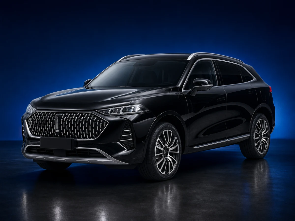 Black first-generation GWM Wey 05 mid-size PHEV SUV on a deep navy and cobalt studio background.