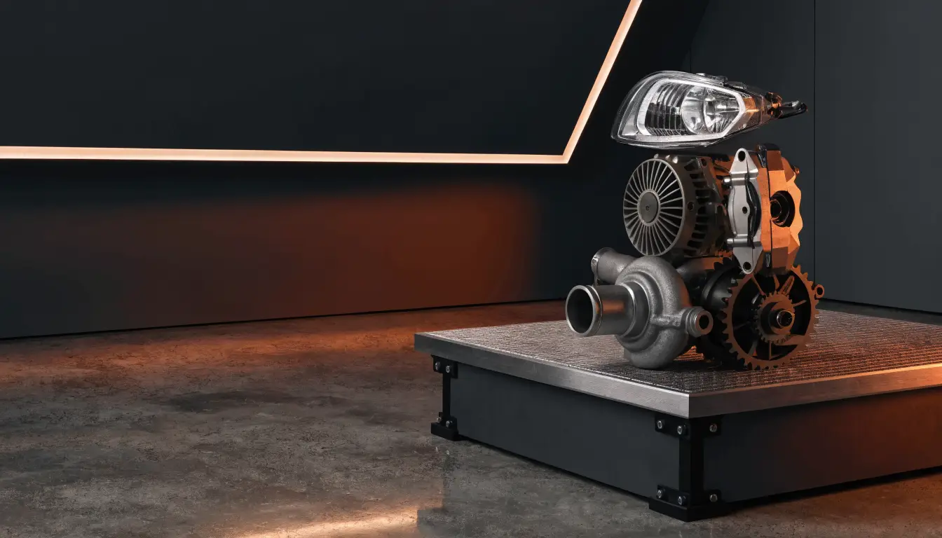 Automotive components arranged in a precision parts studio