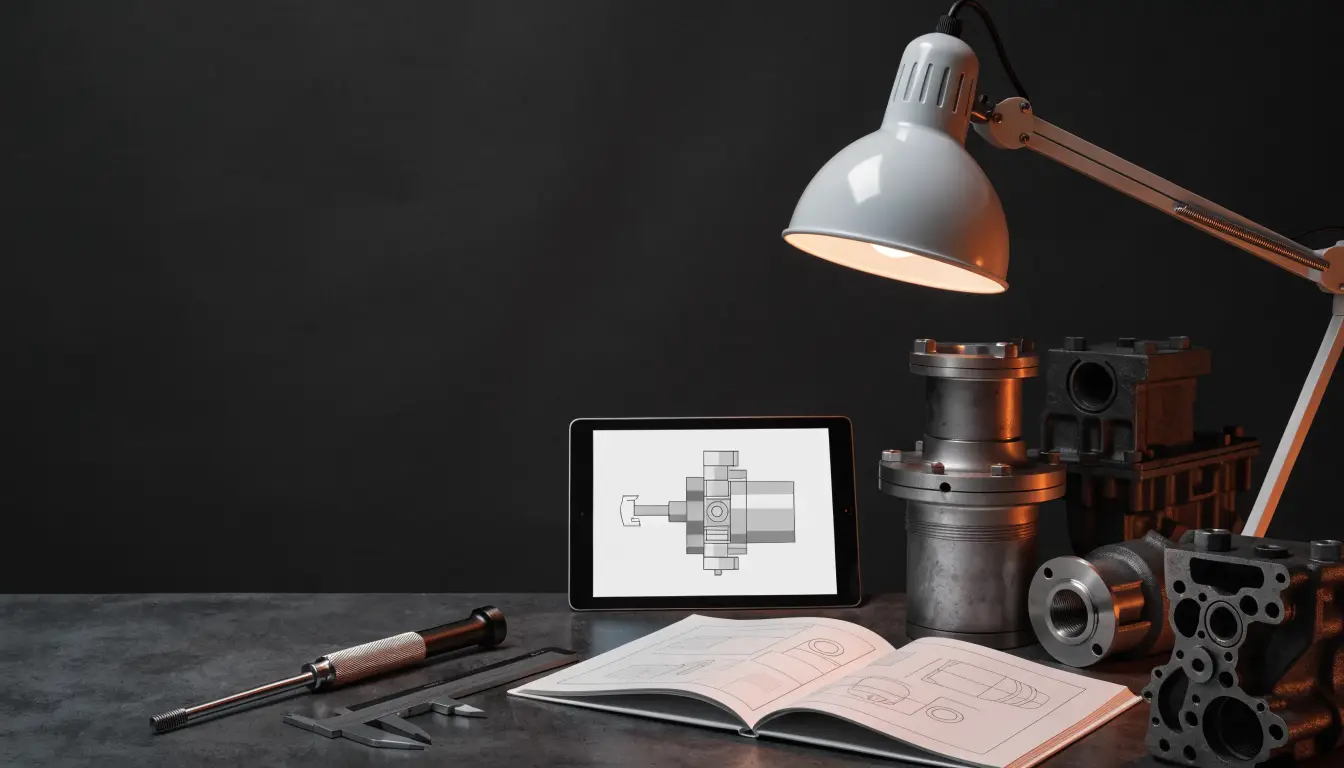 Workshop reference materials and precision tools beside mechanical components