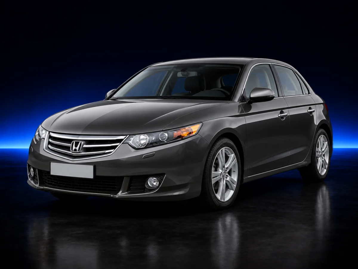 Grey Honda Accord CU saloon on a deep navy and cobalt studio background.