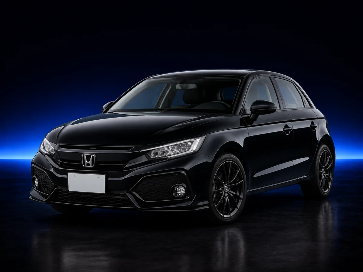 Black Honda Civic FK7 hatchback on a deep navy and cobalt studio background.