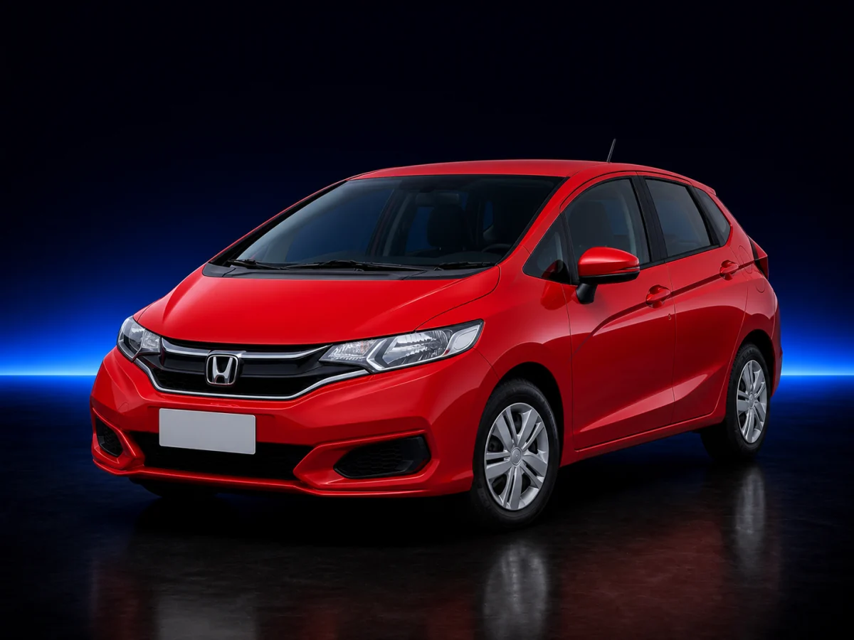 Red Honda Jazz GK5 hatchback on a deep navy and cobalt studio background.