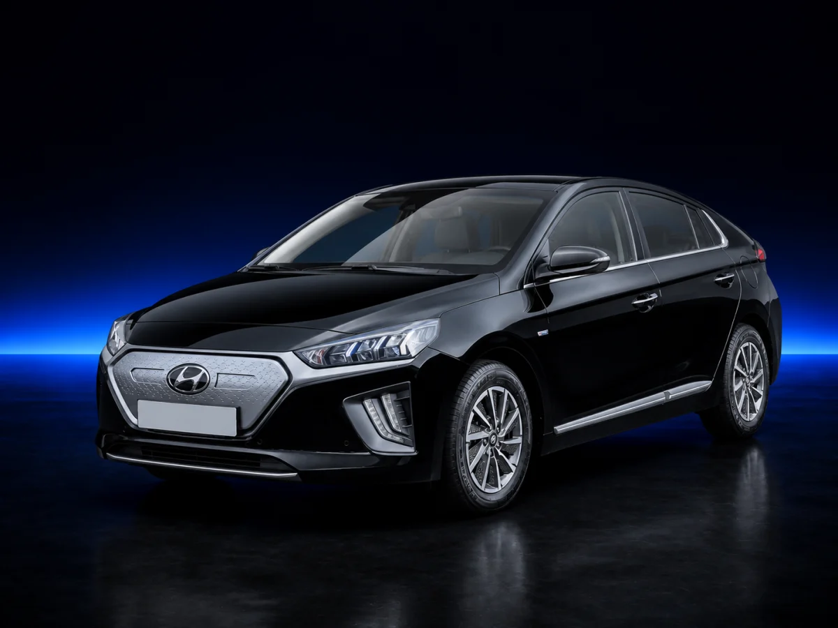 Black Hyundai Ioniq AE Electric on a deep navy and cobalt studio background.