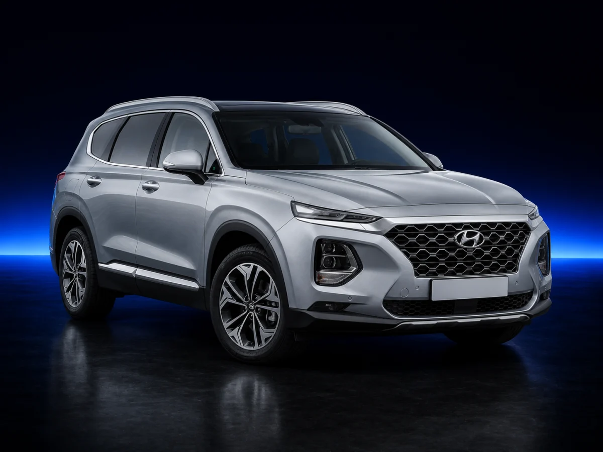 Silver Hyundai Santa Fe IV on a deep navy and cobalt studio background.