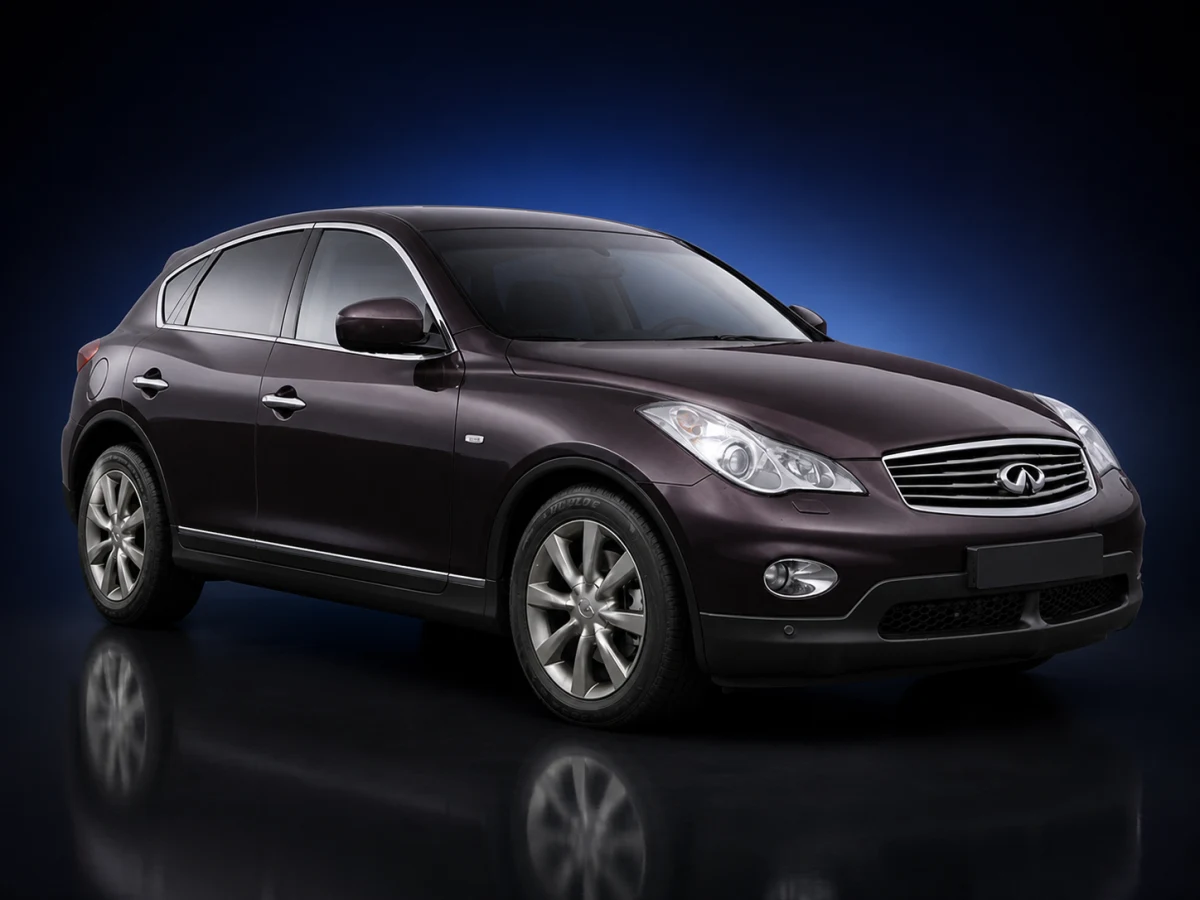 Burgundy Infiniti EX J50 crossover on a deep navy and cobalt studio background.