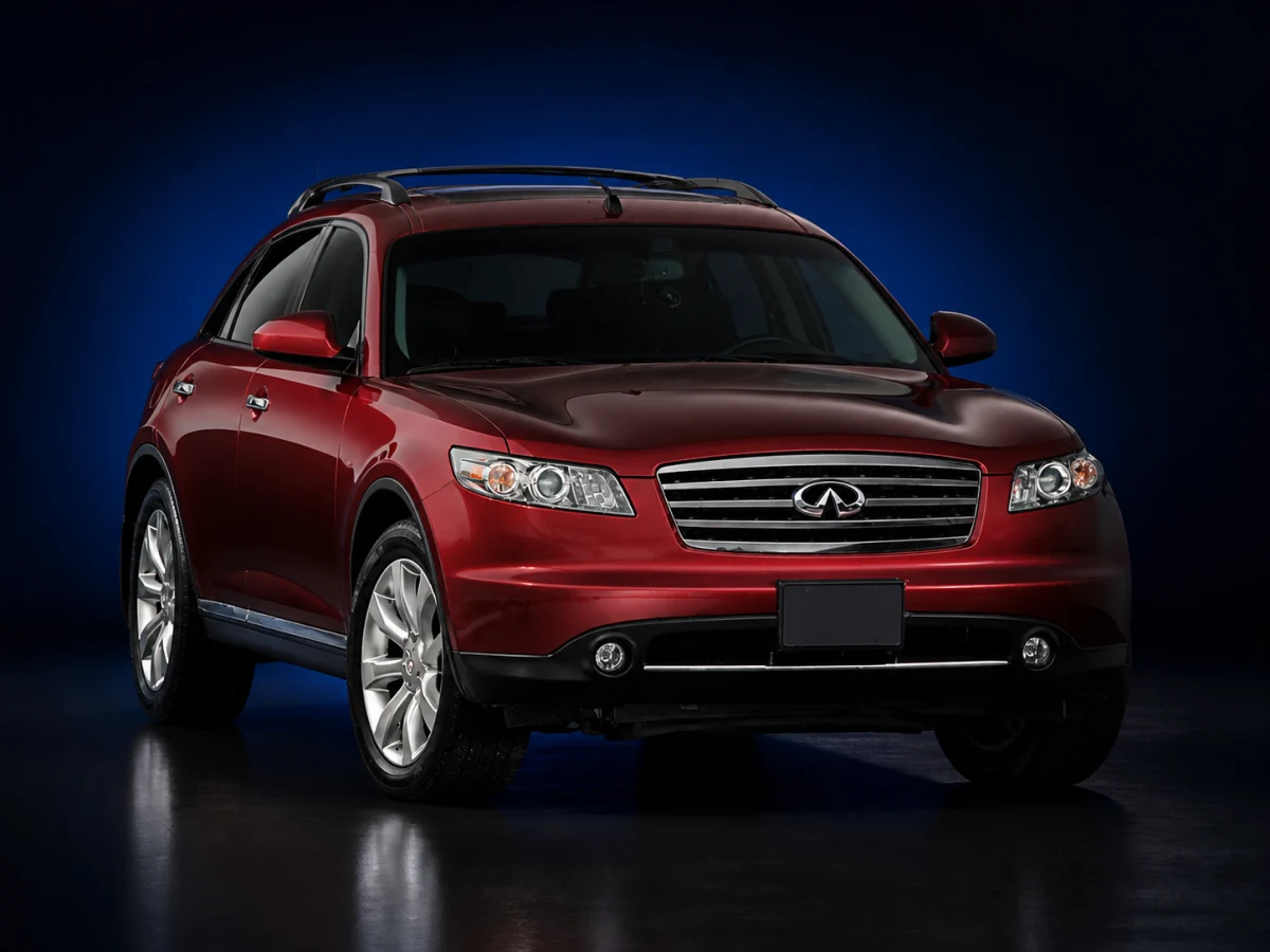 Dark burgundy Infiniti FX S50 crossover on a deep navy and cobalt studio background.