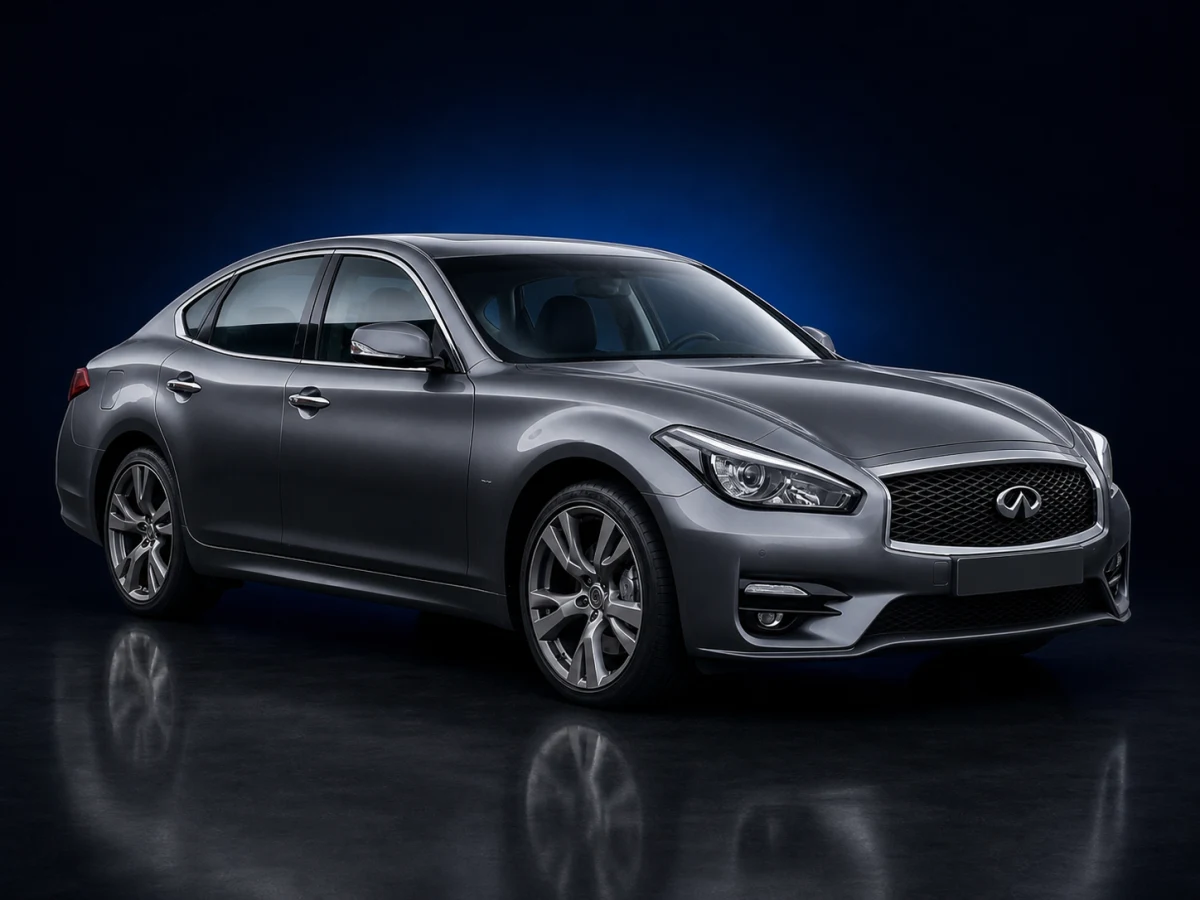Dark grey Infiniti Q70 Y51 saloon on a deep navy and cobalt studio background.