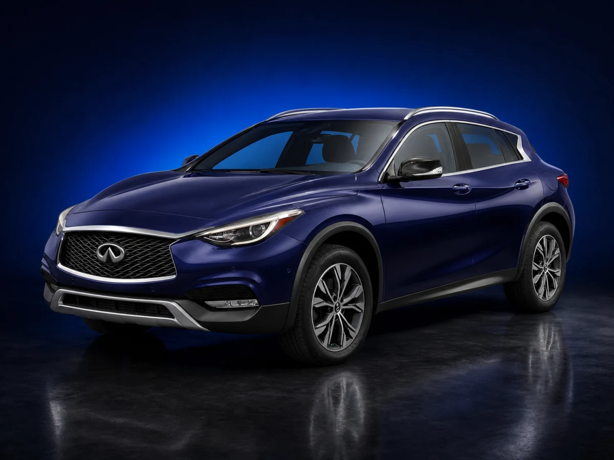 Deep blue Infiniti QX30 H15 crossover on a deep navy and cobalt studio background.