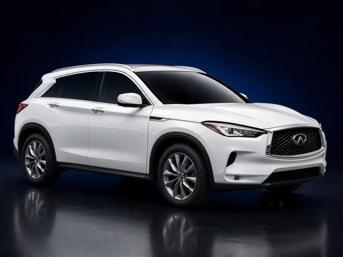 White Infiniti QX50 J55 SUV on a deep navy and cobalt studio background.