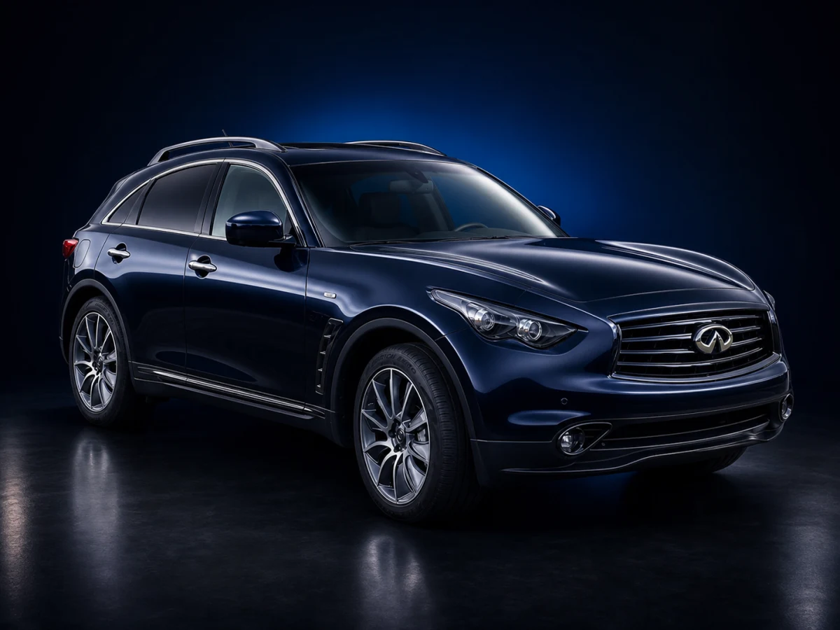 Deep blue Infiniti QX70 S51 SUV on a deep navy and cobalt studio background.