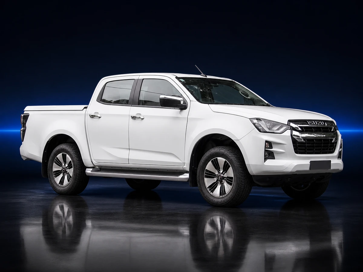 White third-generation Isuzu D-Max LS-U pickup on a deep navy and cobalt studio background.