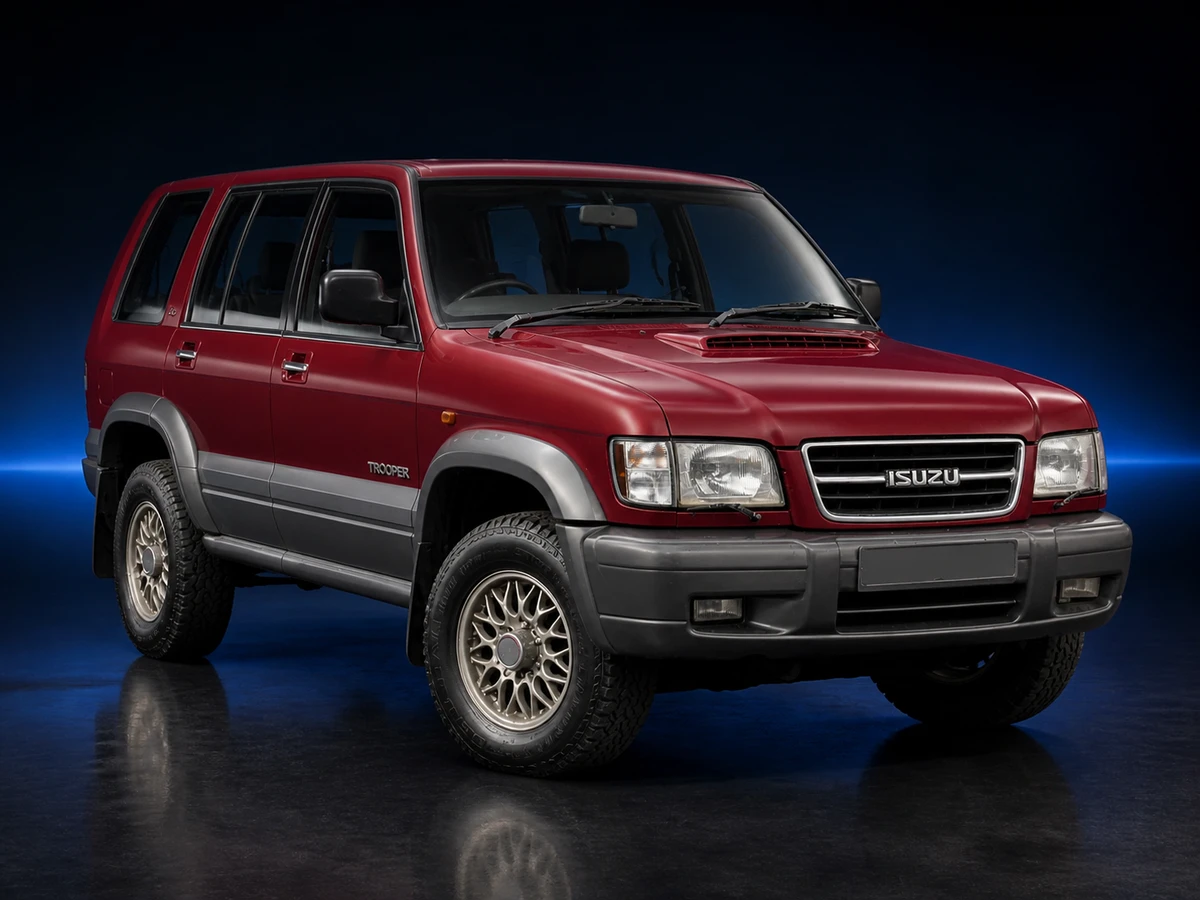 Red second-generation Isuzu Trooper LWB SUV on a deep navy and cobalt studio background.