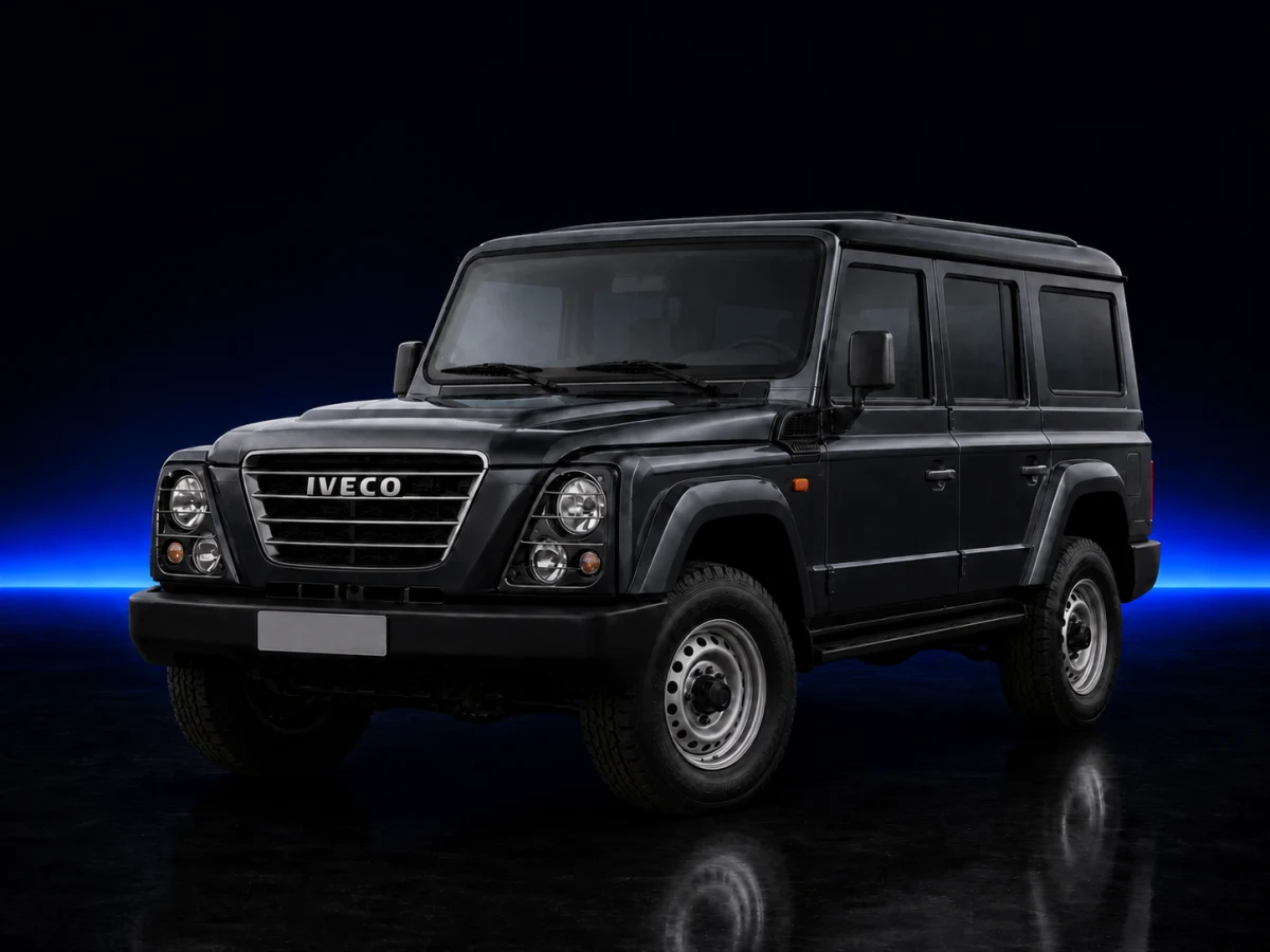 Dark grey Iveco Massif I five-door SUV on a deep navy and cobalt studio background.