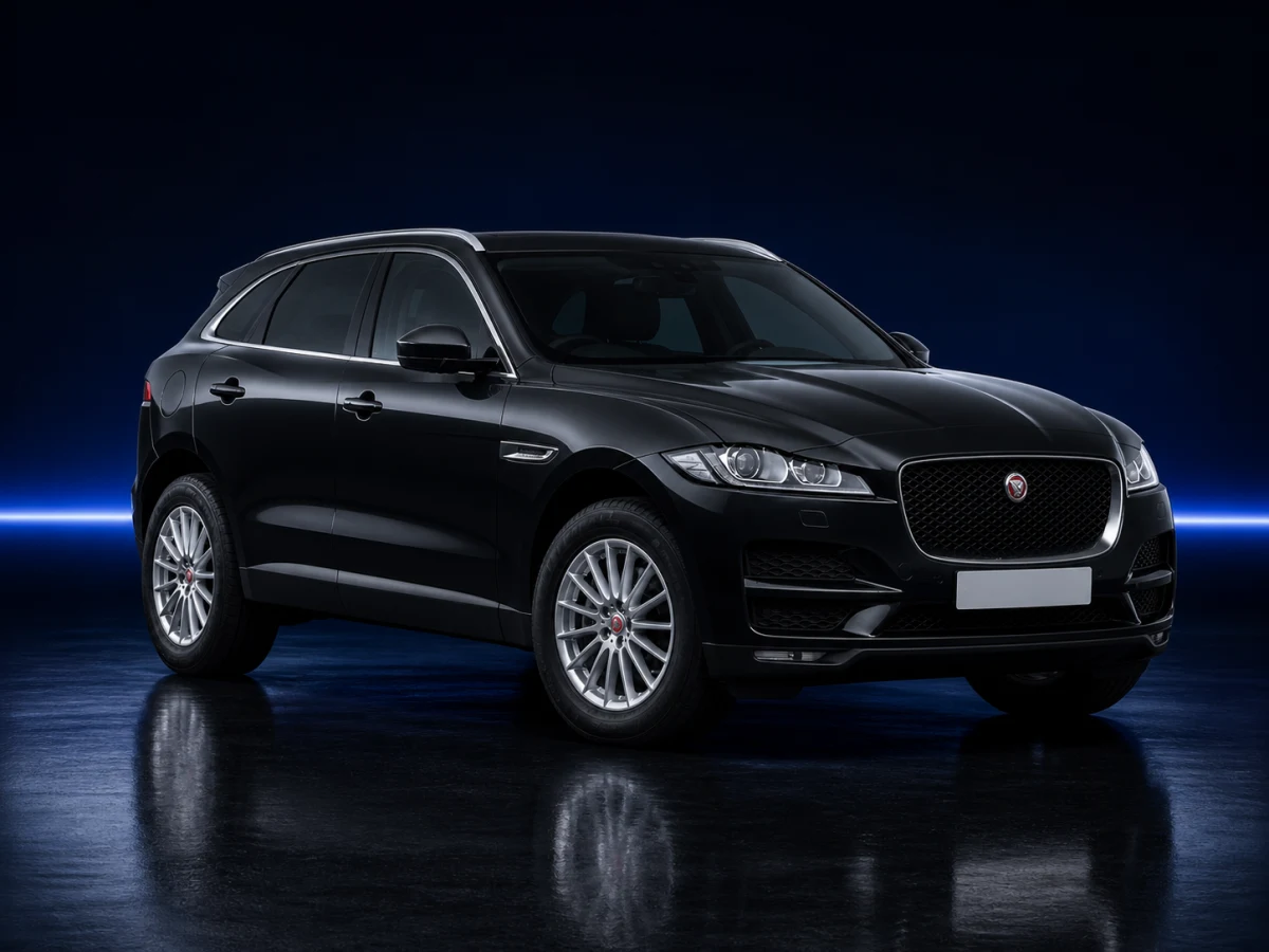 Black Jaguar F-Pace X761 on a deep navy and cobalt studio background.