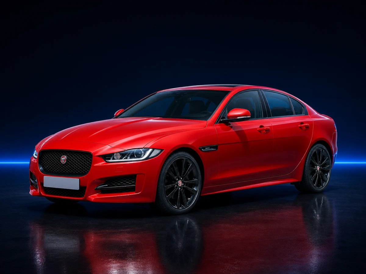 Red Jaguar XE X760 saloon on a deep navy and cobalt studio background.