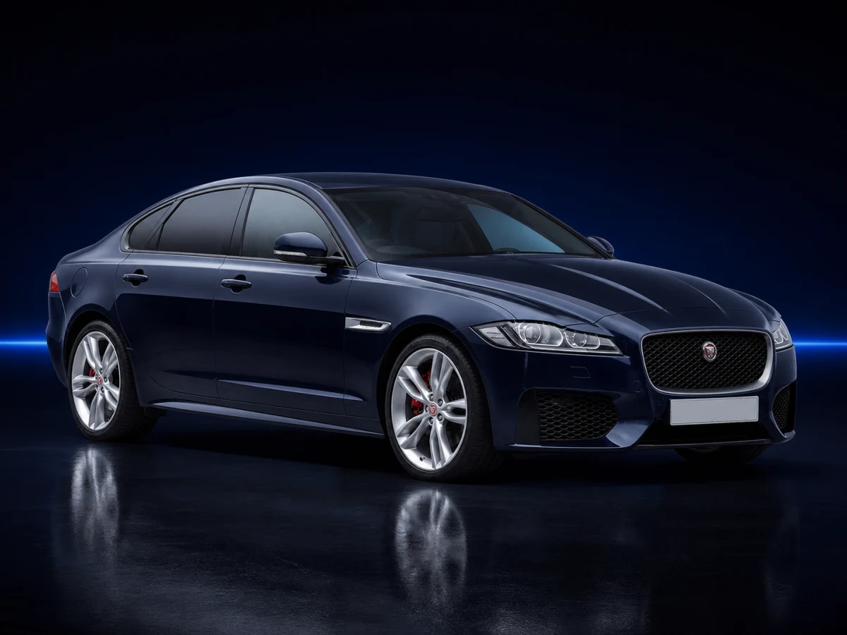 Dark blue Jaguar XF X260 saloon on a deep navy and cobalt studio background.