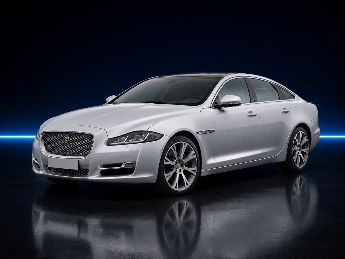Silver Jaguar XJ X351 facelift saloon on a deep navy and cobalt studio background.
