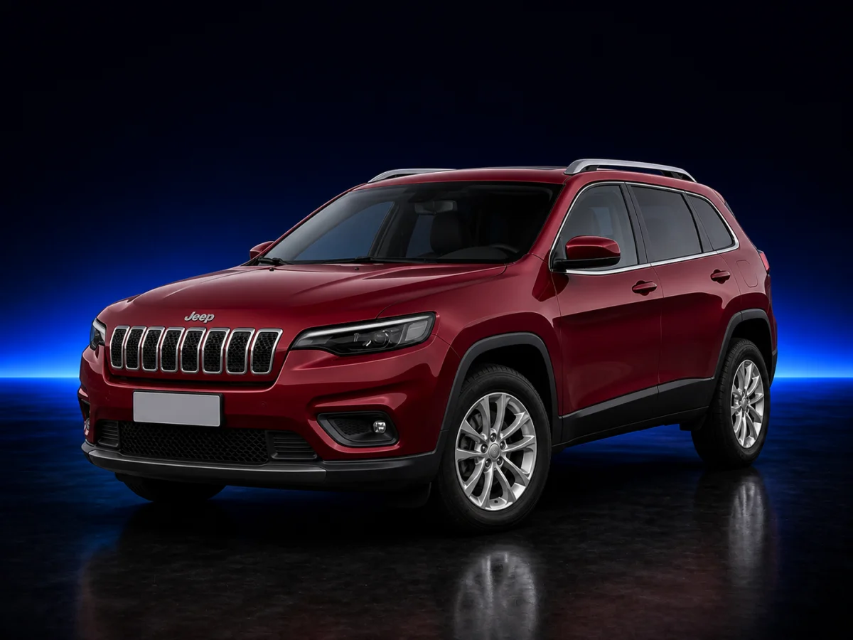Red Jeep Cherokee KL facelift on a deep navy and cobalt studio background.