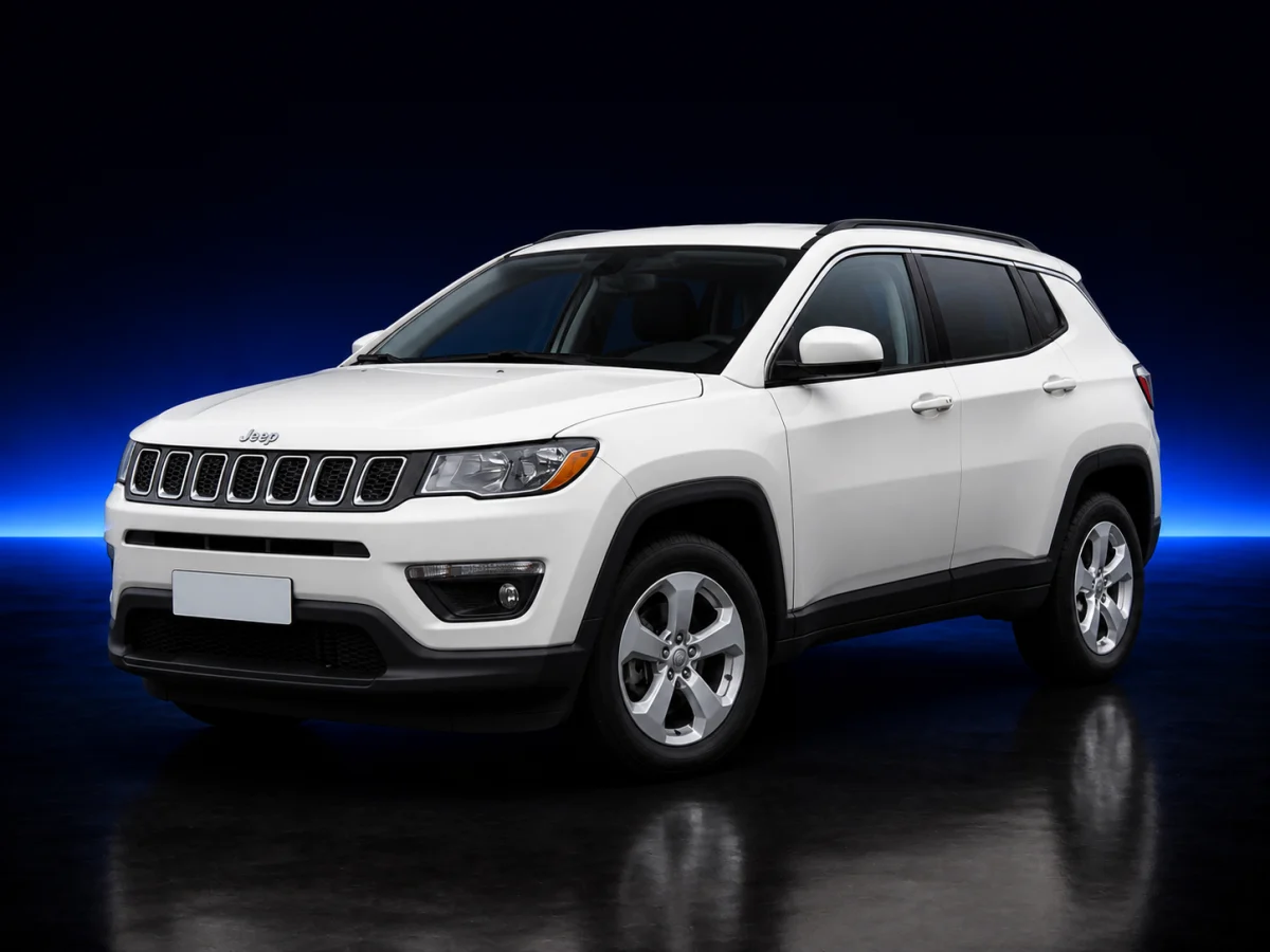 White Jeep Compass MP on a deep navy and cobalt studio background.