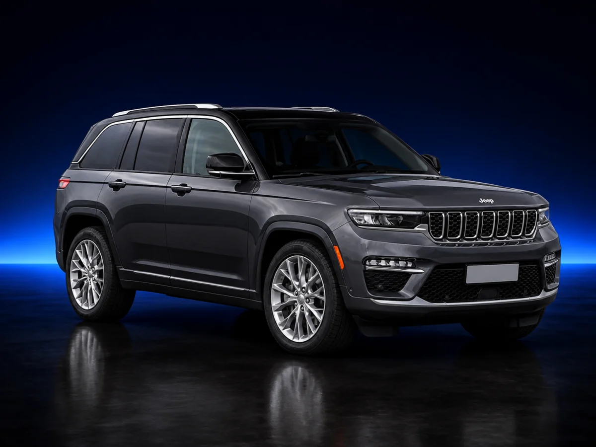 Grey Jeep Grand Cherokee WL on a deep navy and cobalt studio background.