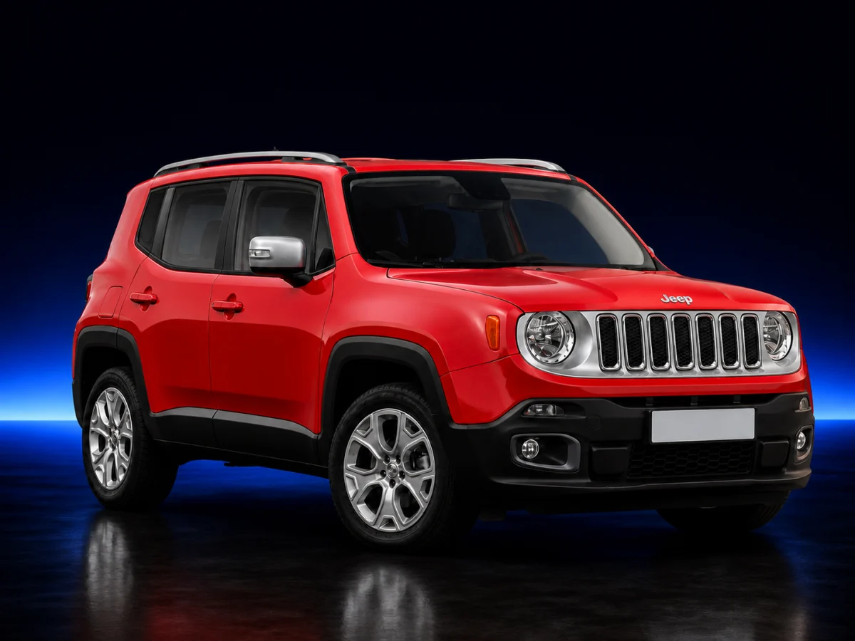 Red Jeep Renegade BU on a deep navy and cobalt studio background.