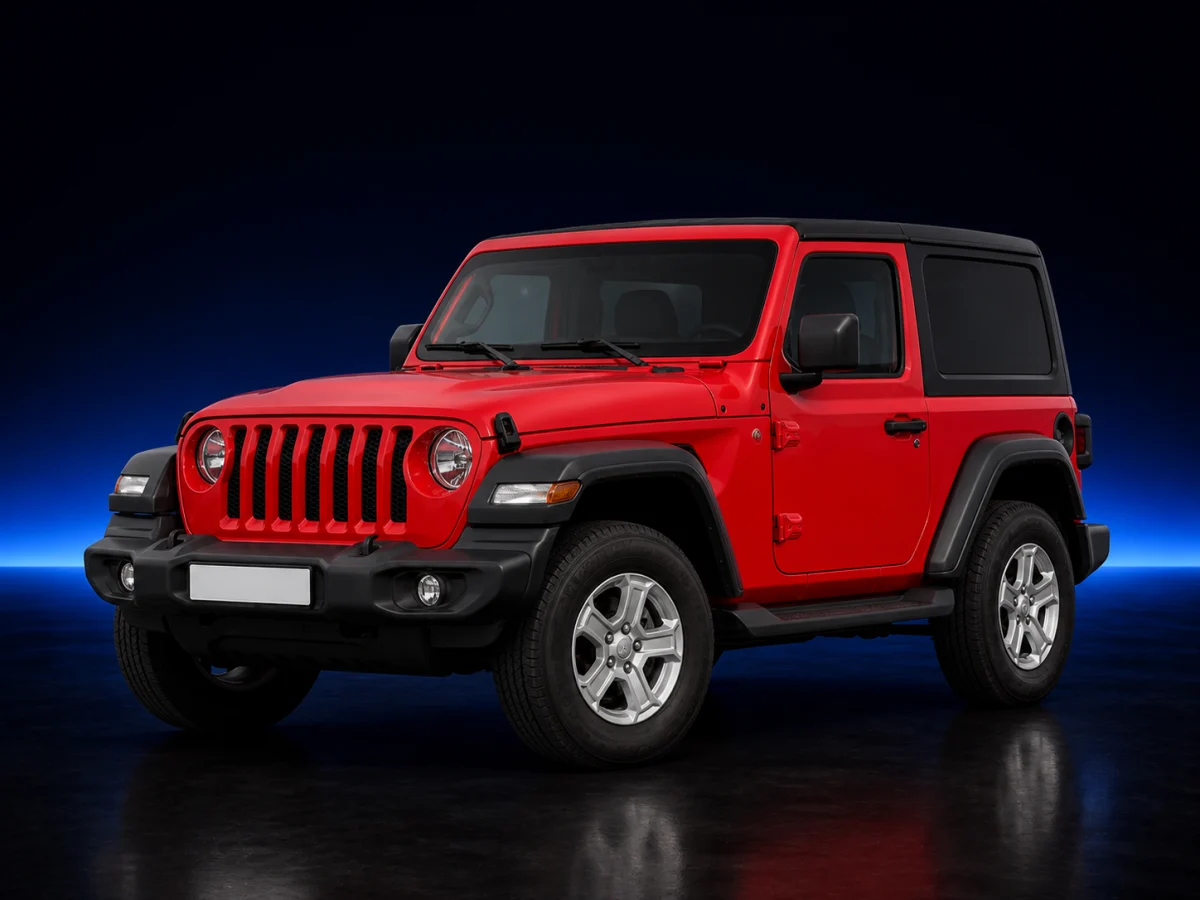 Red Jeep Wrangler JL two-door on a deep navy and cobalt studio background.
