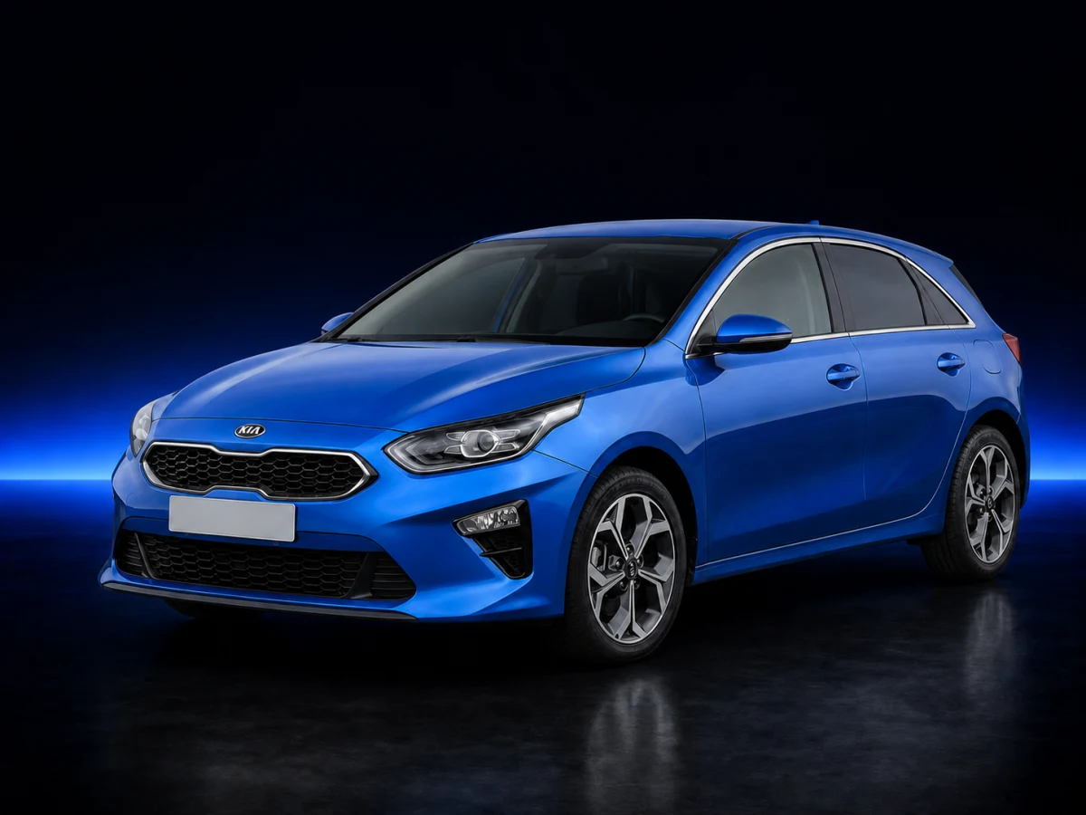 Blue Kia Ceed CD hatchback on a deep navy and cobalt studio background.