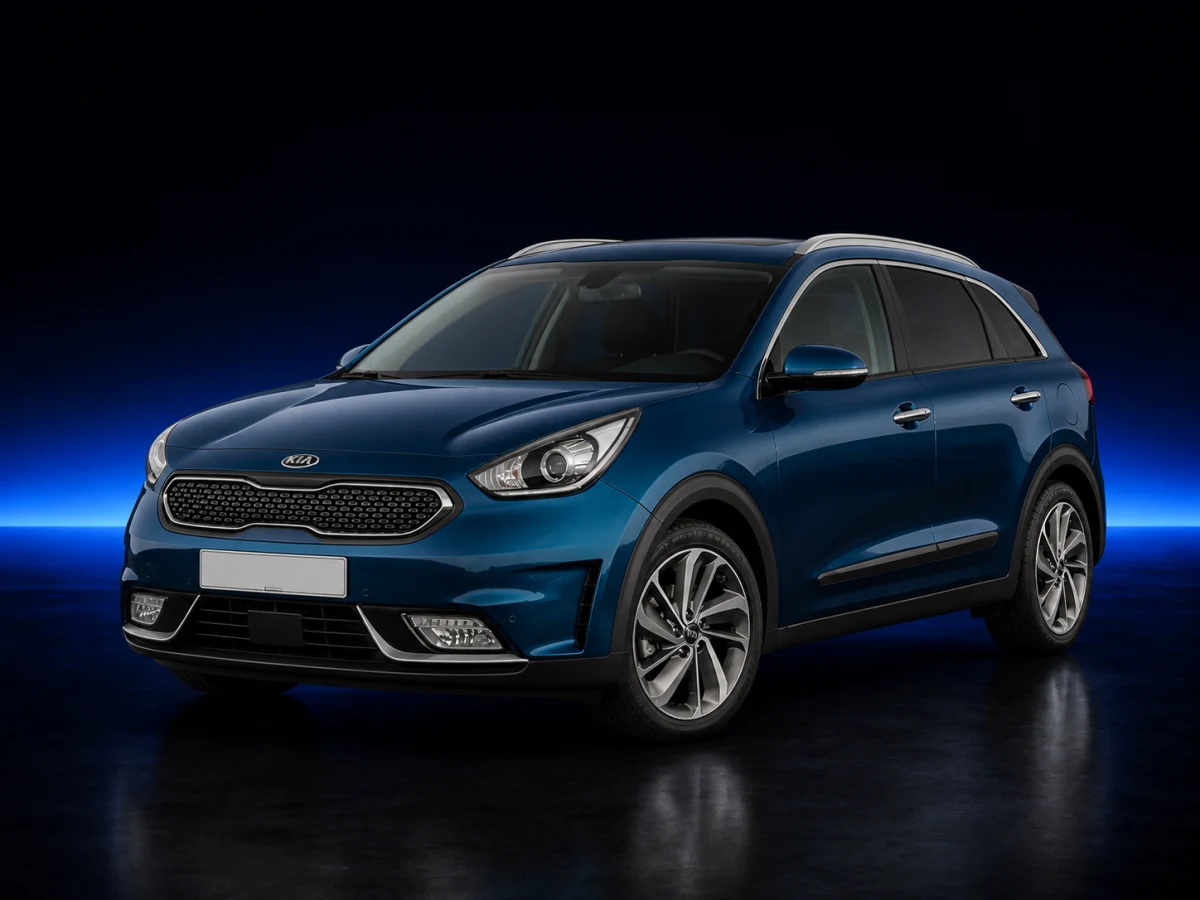 Blue Kia Niro DE on a deep navy and cobalt studio background.