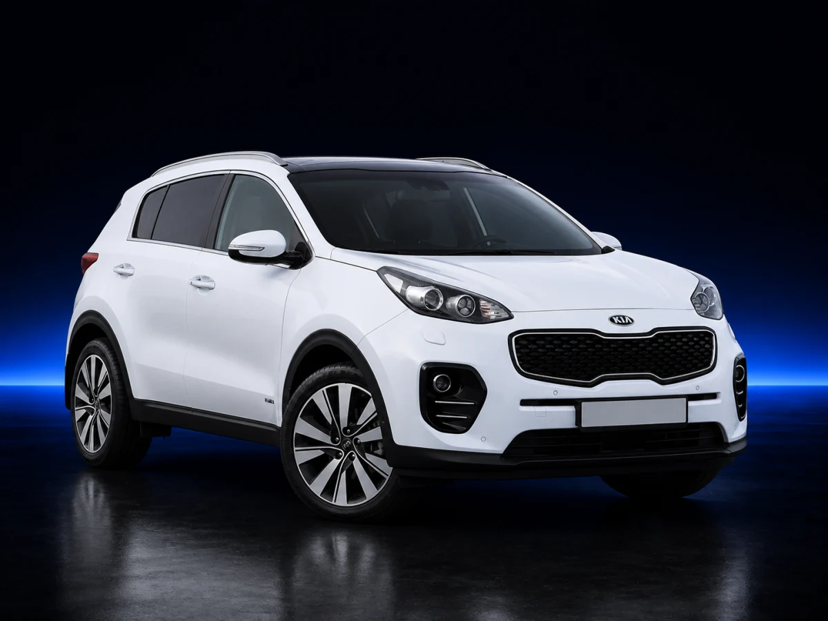 White Kia Sportage QL on a deep navy and cobalt studio background.