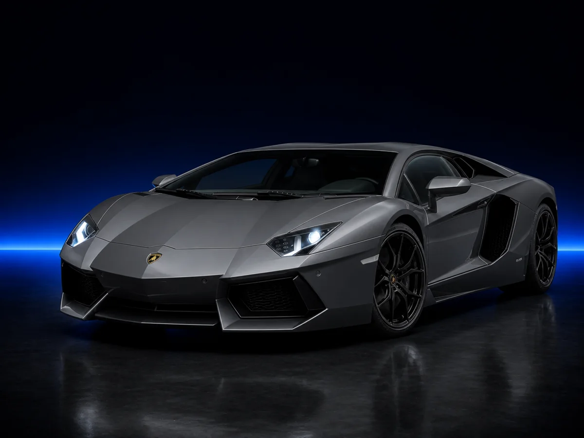 Grey Lamborghini Aventador LP700-4 on a deep navy and cobalt studio background.