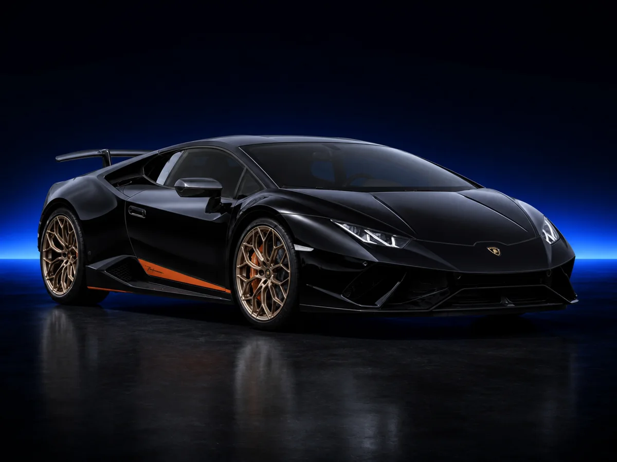 Black Lamborghini Huracán Performante on a deep navy and cobalt studio background.