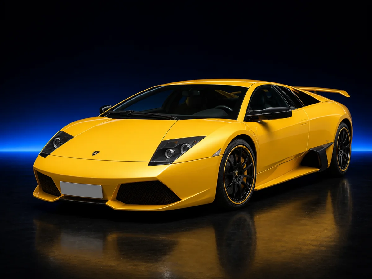 Yellow Lamborghini Murciélago LP640 on a deep navy and cobalt studio background.