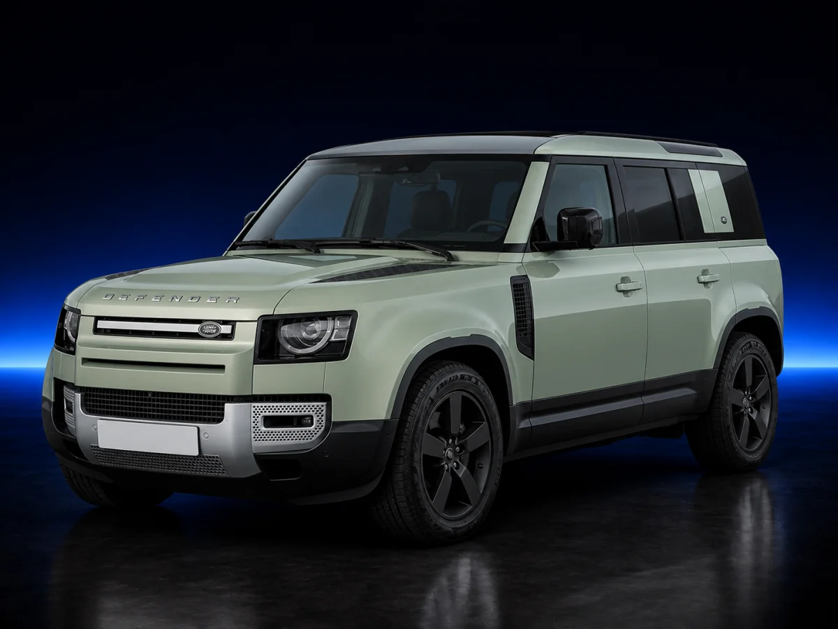 Pale green Land Rover Defender L663 110 on a deep navy and cobalt studio background.