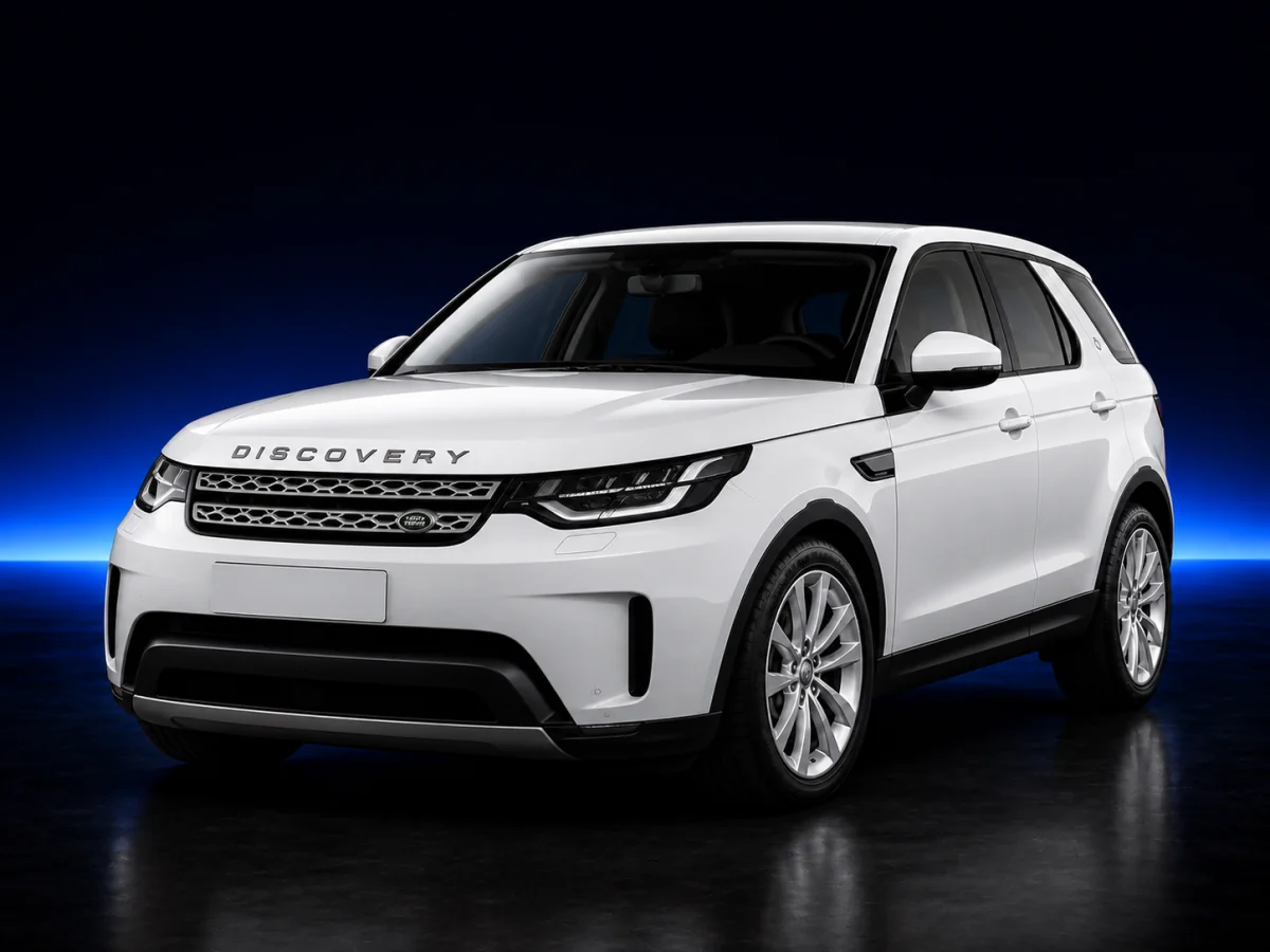 White Land Rover Discovery 5 L462 HSE on a deep navy and cobalt studio background.