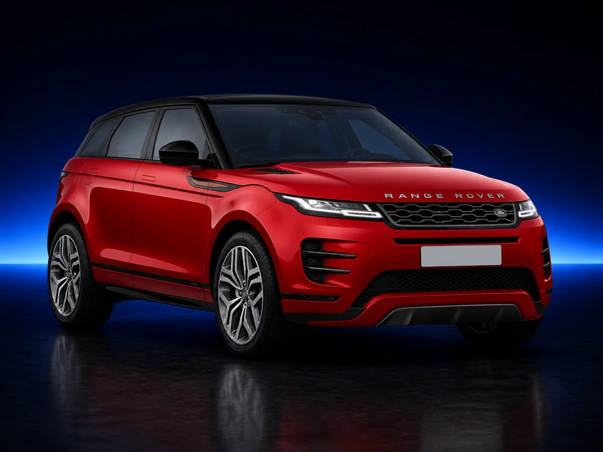 Red Land Rover Evoque L551 on a deep navy and cobalt studio background.