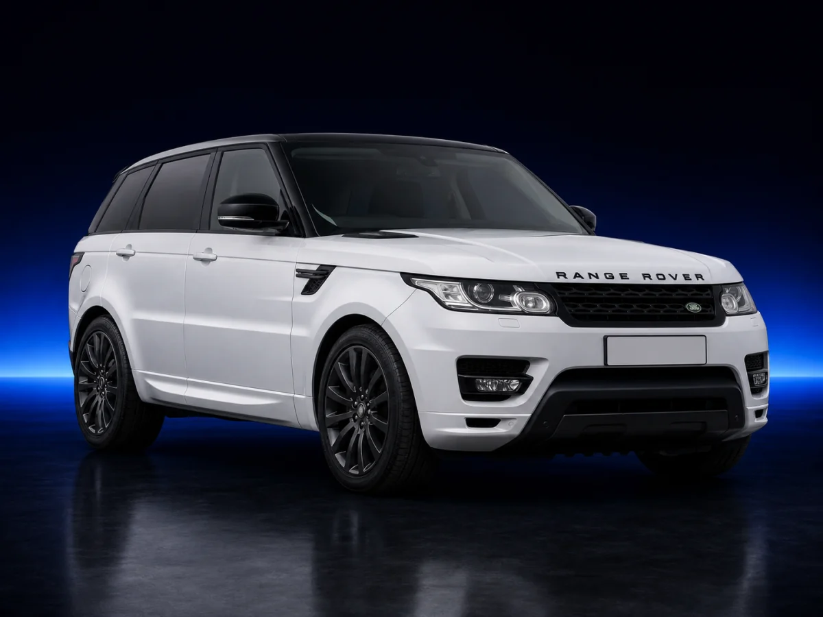 White Land Rover Range Rover Sport L494 on a deep navy and cobalt studio background.