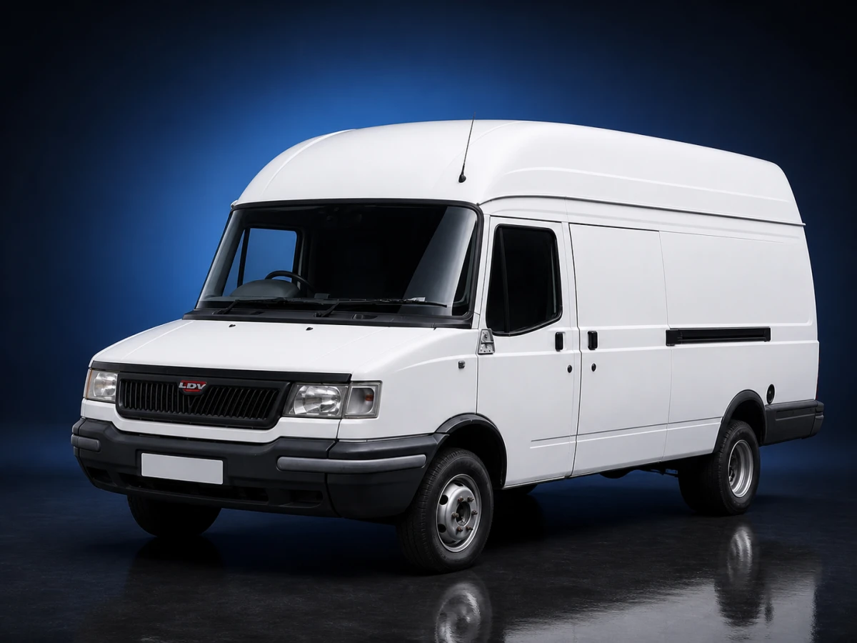 White LDV Convoy 400-series LWB high-roof panel van on a deep navy and cobalt studio background.