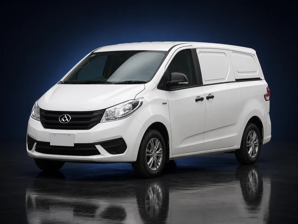 White first-generation LDV G10 SV7C panel van on a deep navy and cobalt studio background.